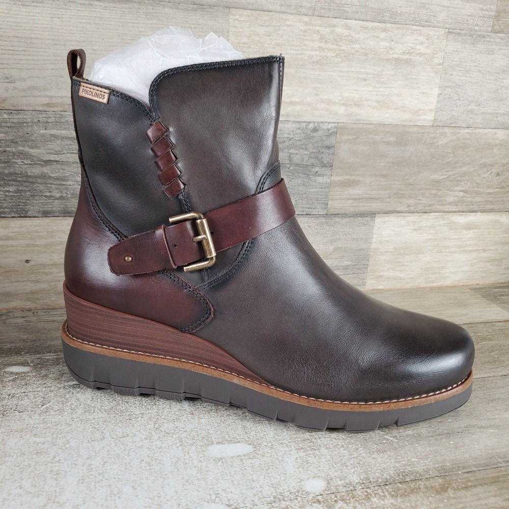 Pikolinos‎ Sanlucar W8F Womens Ankle Boots Sz 10.5 Lead Leather Buckle Side Zip